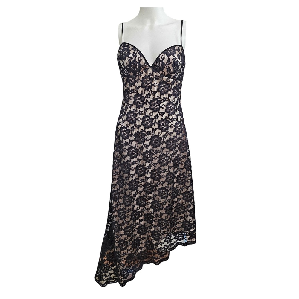 White House Black Market Black Lace Slip Dress 6 Asymmetric Brooch Cocktail Goth
